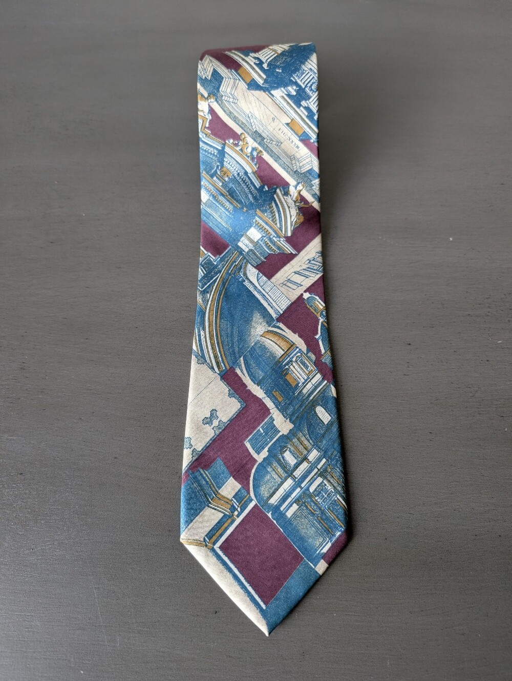 Structure Italian Fabric Green Burgundy Architectural Print Silk Tie 55" Long